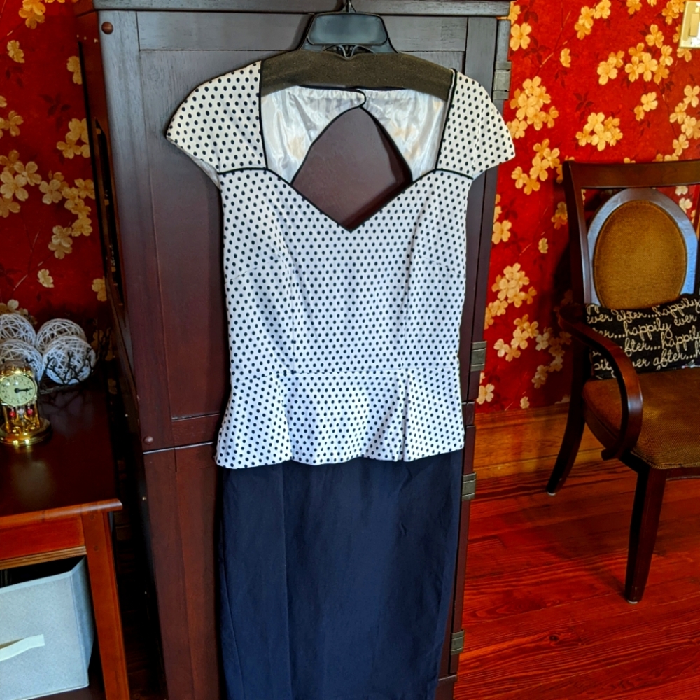 Navy and White Polka Dot Peplum Wiggle Dress